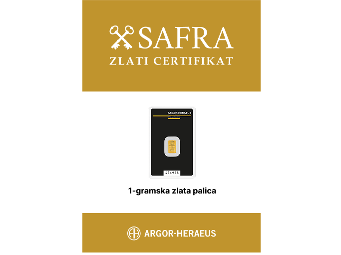 1-gramska zlata palica Argor‑Heraeus prednja SAFRA ZLATI CERTIFIKAT se izdaja za Zlato palico 1 g – Argor-Heraeus - slika 1