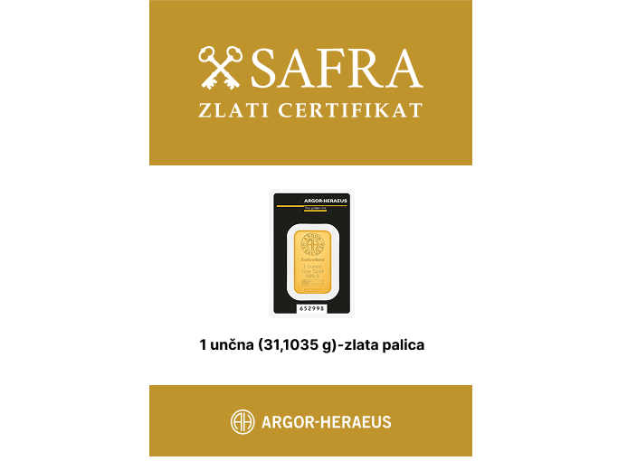 1 unča (31,1035 g) - gramska zlata palica Argor‑Heraeus prednja SAFRA ZLATI CERTIFIKAT se izdaja za Zlato palico 1-unča (31,1035g) – Argor-Heraeus - slika 1