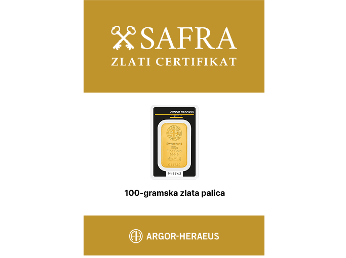 100 - gramska zlata palica Argor‑Heraeus prednja SAFRA ZLATI CERTIFIKAT se izdaja za Zlato palico 100 g – Argor-Heraeus - slika 1