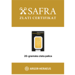 SAFRA ZLATI CERTIFIKAT se izdaja za Zlato palico 20 g – Argor-Heraeus