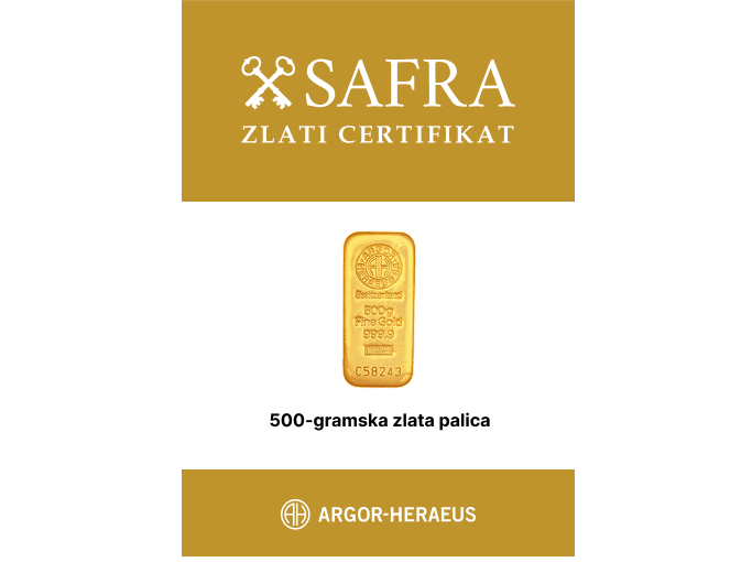 500 - gramska zlata palica Argor‑Heraeus prednja SAFRA ZLATI CERTIFIKAT se izdaja za Zlato palico 500 g – Argor-Heraeus - slika 1